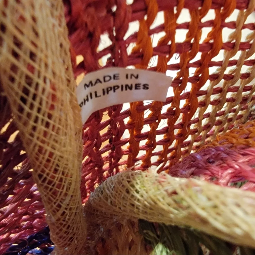 Vintage Bamboo Handle Woven Raffia Multi-color‎ Stripe Bag